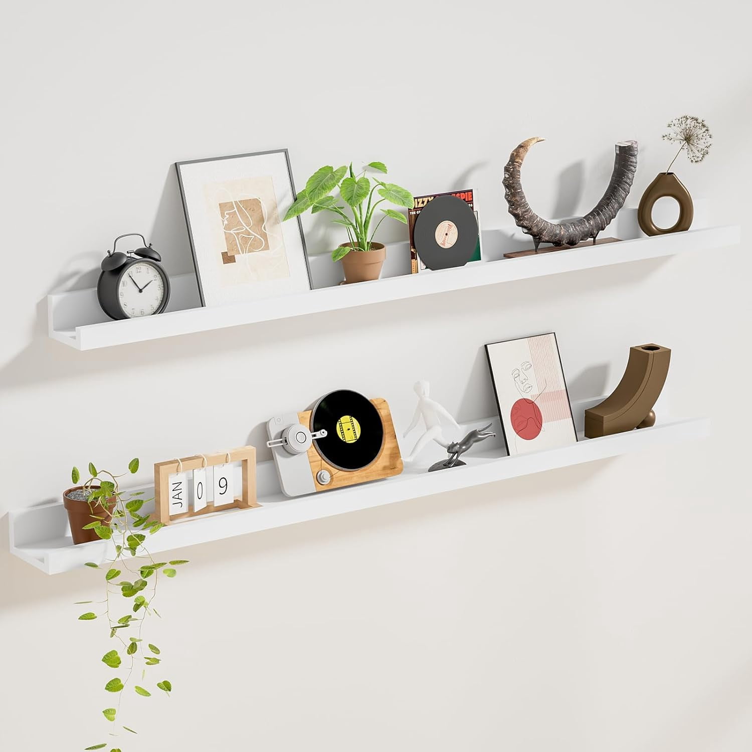 Floating Shelves for Wall Set 2 of 48 inches Picture Ledge Shelf 96 inches Totally,Solid Wood White Shelves for Room Wall to Display and Storage Photo Picture,Vinyl,Toy,Spice,Perfume,Book etc.