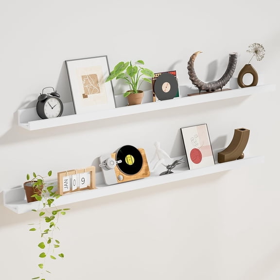 Floating Shelves for Wall Set 2 of 48 inches Picture Ledge Shelf 96 inches Totally,Solid Wood White Shelves for Room Wall to Display and Storage Photo Picture,Vinyl,Toy,Spice,Perfume,Book etc.