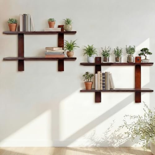 Floating Shelves for Wall Set of 2 Long 2 Tier Wood Wall Mounted Shelves Mid Century Modern Decorative Storage Plant Photo Display for Living Room Bedroom Kitchen Office Coffee Bar Decor