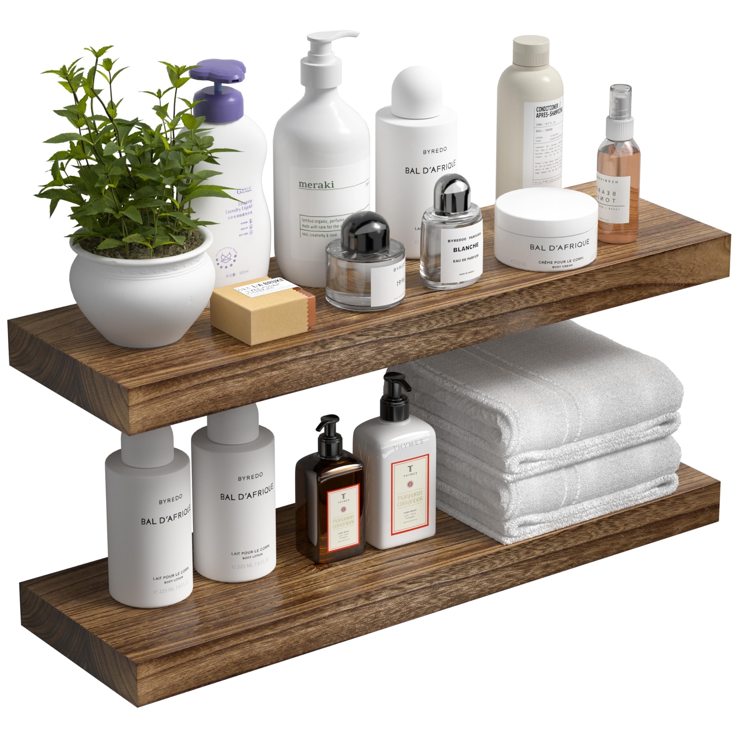 Floating Shelves for Wall Set of 2-Rustic Brown Solid Wood Wall Mounted Shelves,24" Long x 7" Deep x 1.6" Thick,Heavy Duty Shelving for Bedroom, Living Room, Kitchen, Bathroom (16inch)