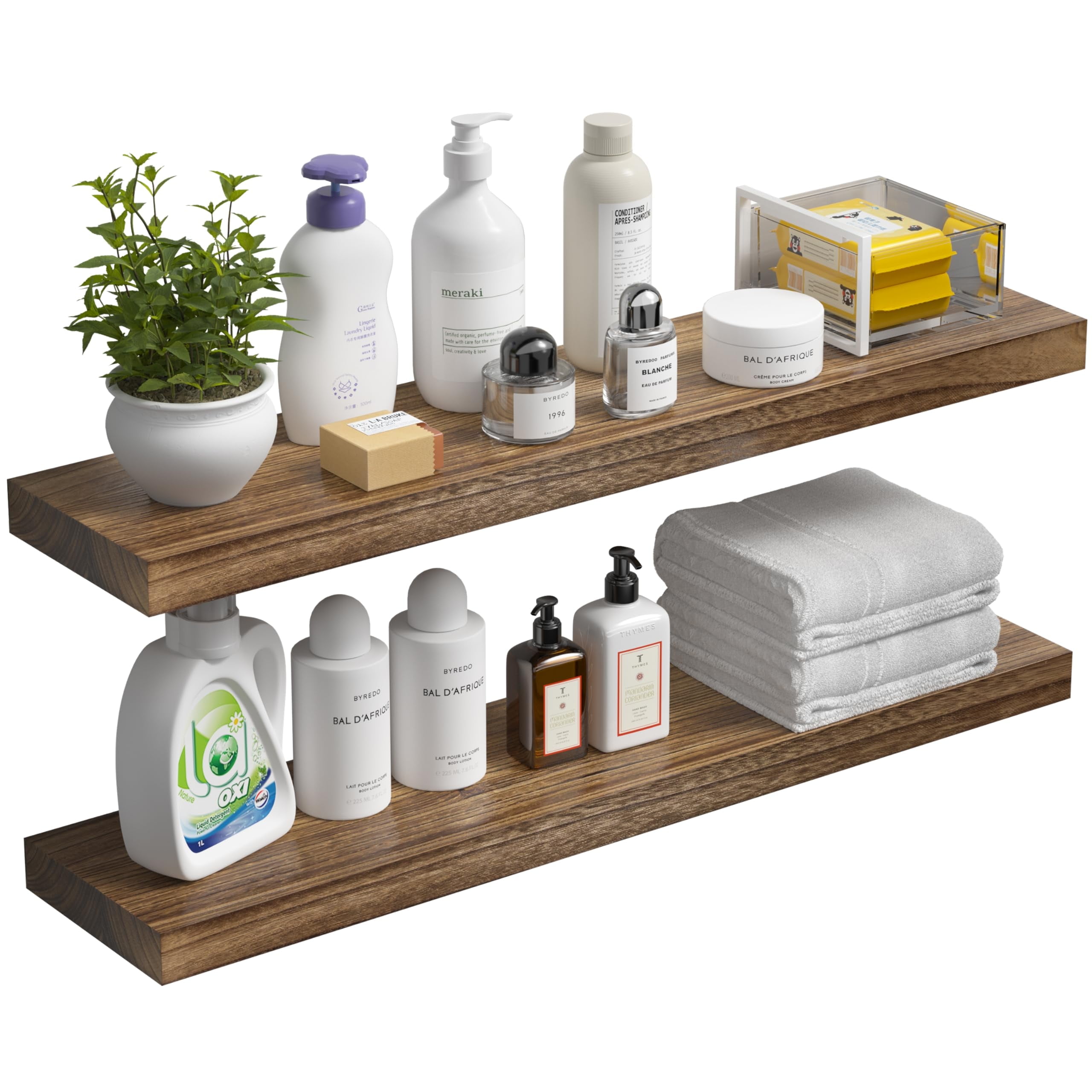 Floating Shelves for Wall Set of 2-Rustic Brown Solid Wood Wall Mounted Shelves,36" Long x 7" Deep x 1.6" Thick,Heavy Duty Shelving for Bedroom, Living Room, Kitchen, Bathroom (16inch)