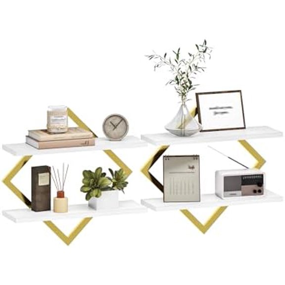 Floating Shelves for Wall, Set of 2 Wall Mounted Shelves, 2-Tier Hanging Shelves, for Living Room, Bedroom, Kitchen, Office, Study, Gold and White TBJ01P2JW