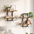 thumbnail image 1 of Floating Shelves for Wall Set of 2, Wood Wall Shelf with 6 Hooks, 2 Tier Hanging Decorative Storage Shelves for Living Room Bedroom Bathroom Kitchen Office Coffee Bar, Rustic Brown, 1 of 6