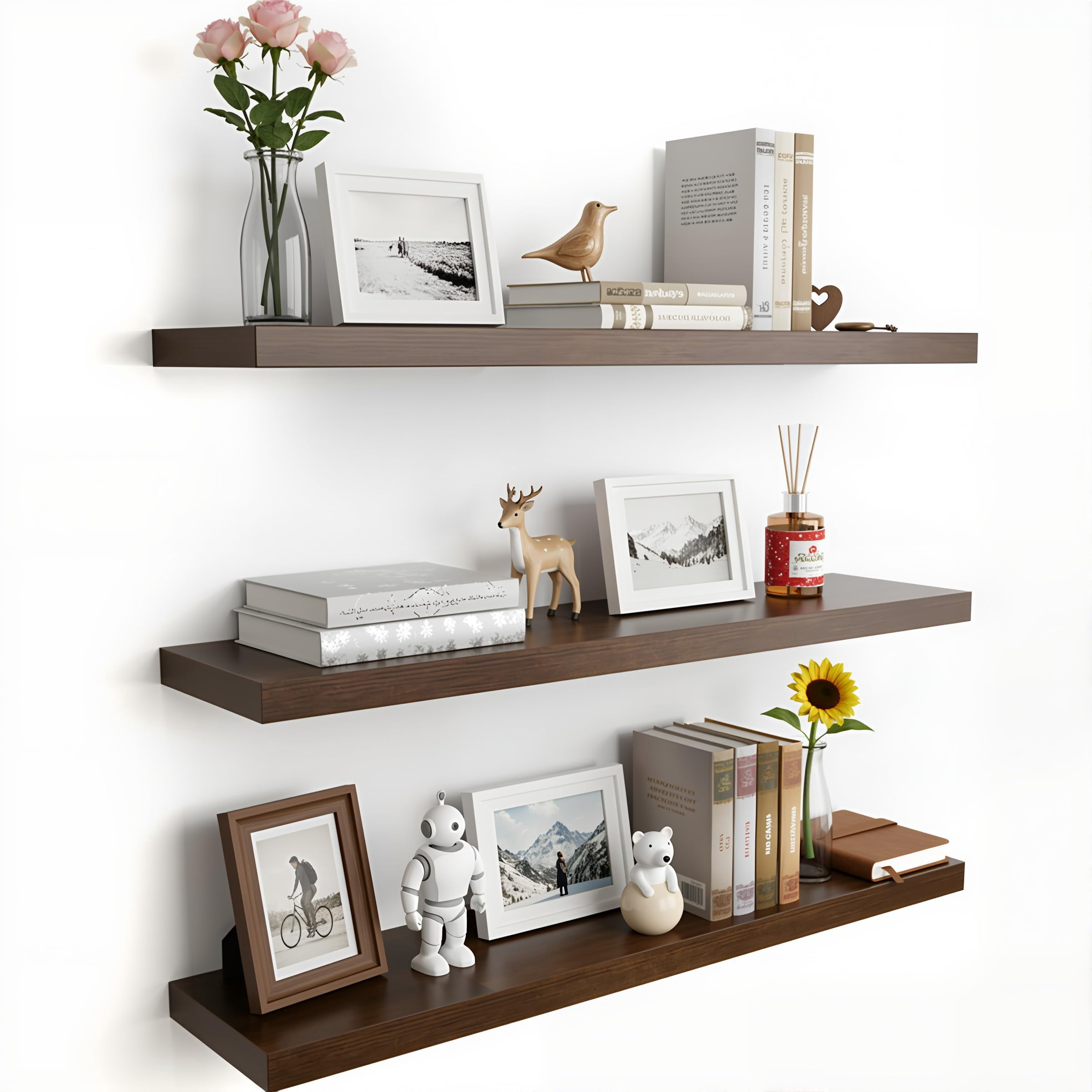 Floating Shelves For Wall Set Of 3 Black Wood Mounted  23.6 X 6.3 Inch Rustic Display Storage With Invisible Brackets Bedroom Bathroom Living Room Kitchen