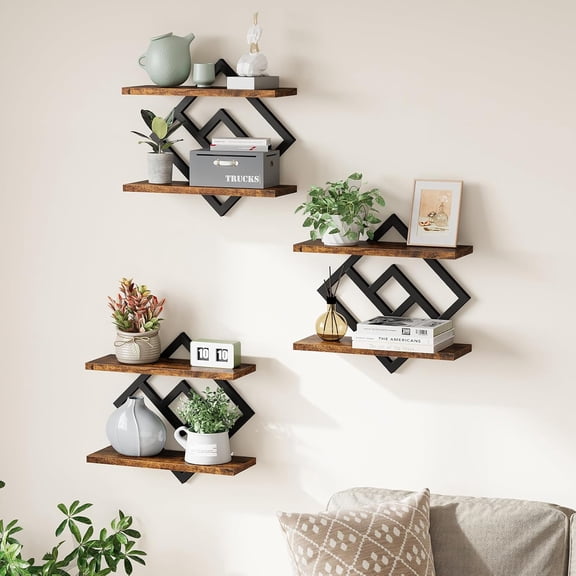 Floating Shelves for Wall, Set of 3 Hanging Shelves, 2-Tier Wall Mounted Storage Shelves for Books & Decor, Perfect for Living Room, Bedroom, Kitchen, Home Office, Study, Rustic Brown