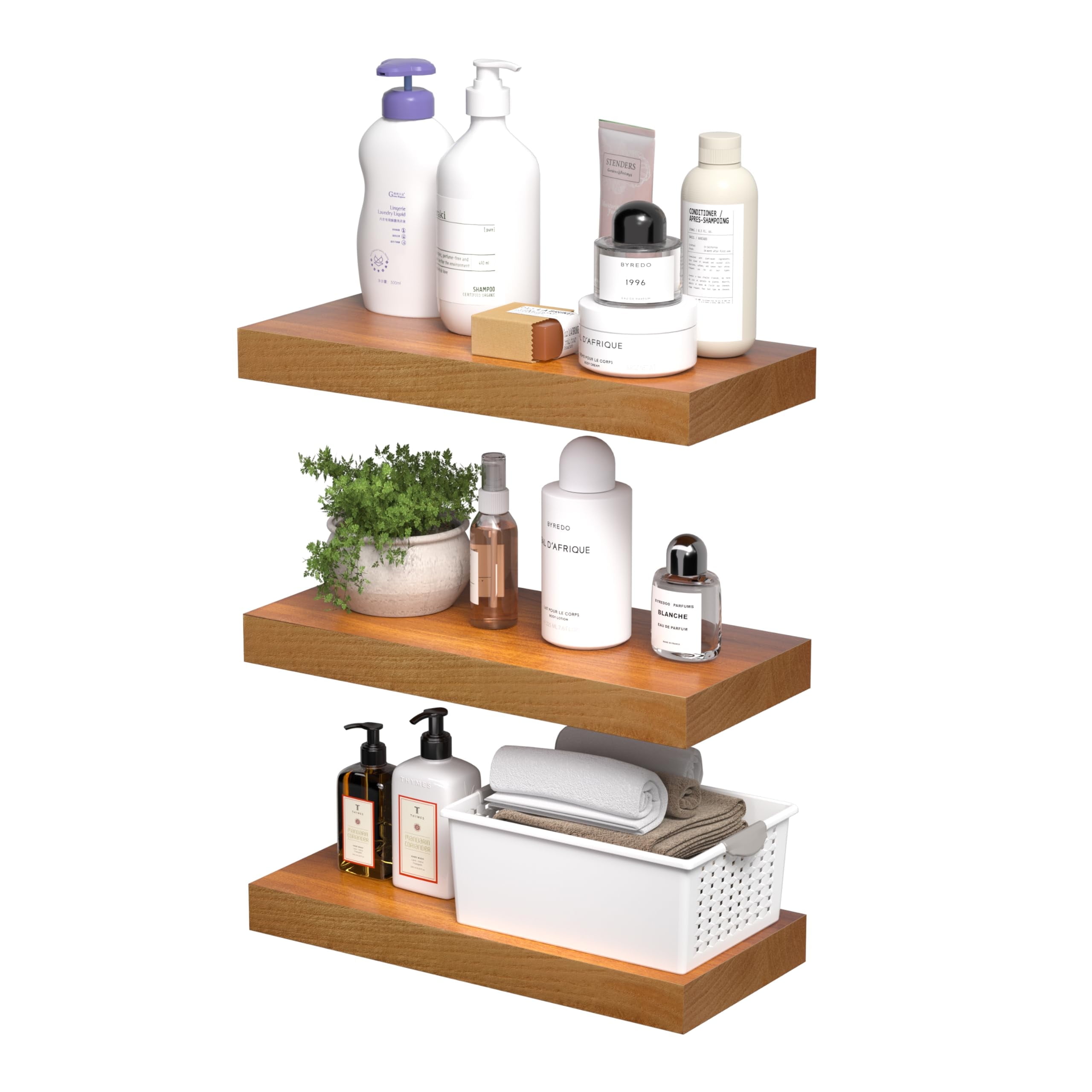 Floating Shelves for Wall Set of 3-Rustic Brown Solid Wood Wall Mounted Shelves,16" Long x 7" Deep x 1.6" Thick,Heavy Duty Shelving for Bedroom, Living Room, Kitchen, Bathroom (16inch)