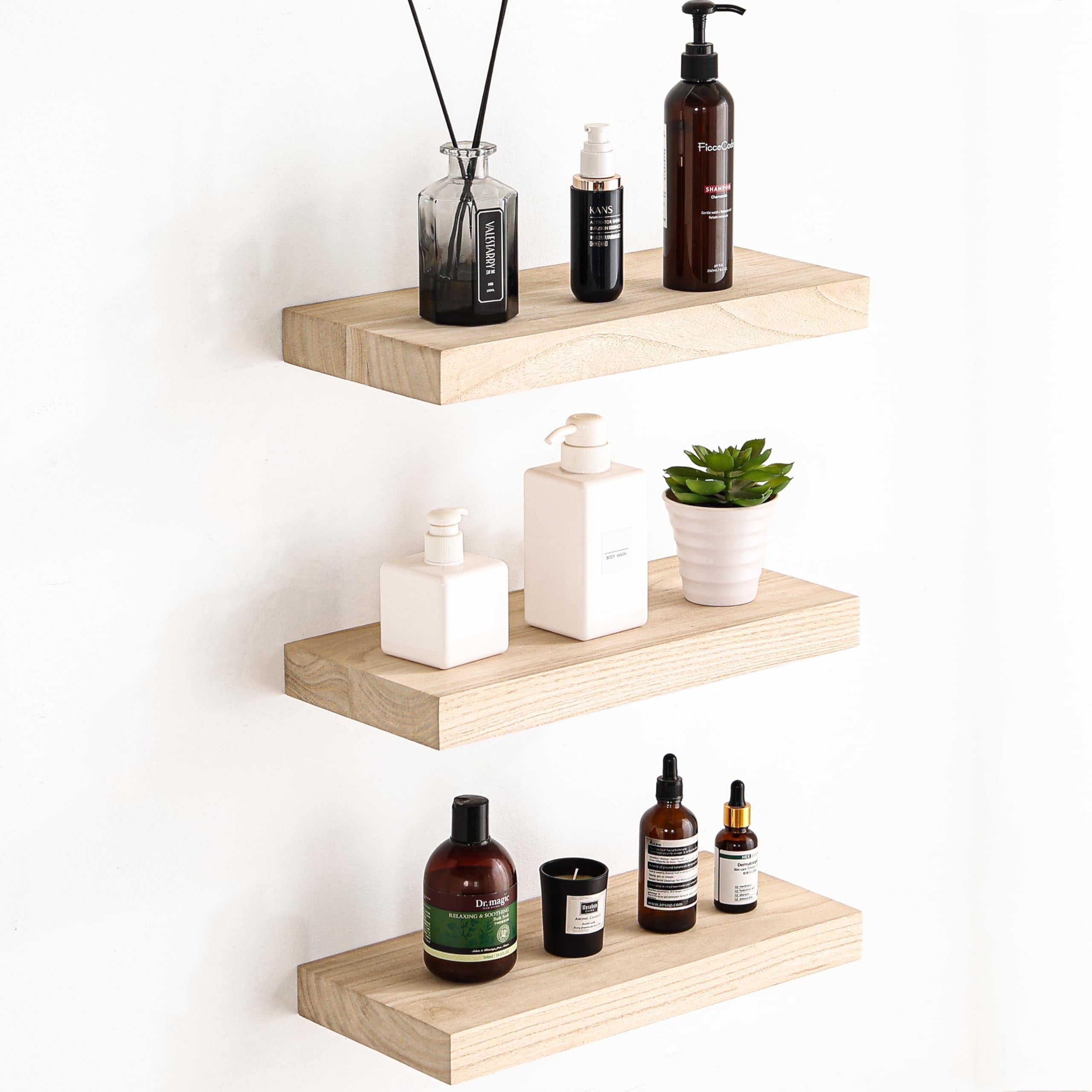 Floating Shelves for Wall Set of 3-Rustic Brown Solid Wood Wall Mounted Shelves,16" Long x 7" Deep x 1.6" Thick,Heavy Duty Shelving for Bedroom, Living Room, Kitchen, Bathroom (16inch)