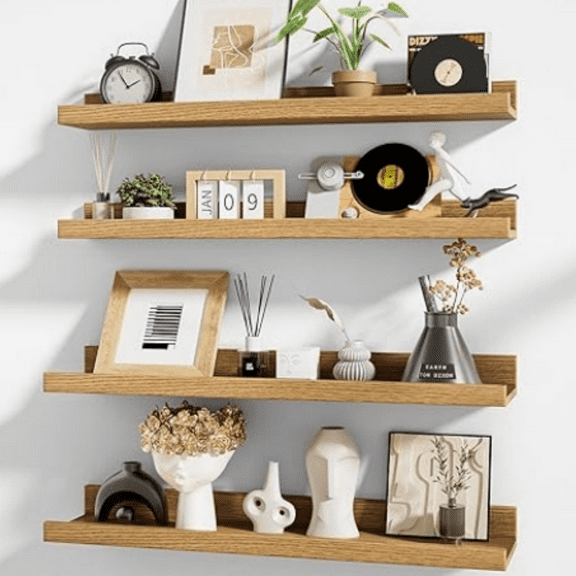 Floating Shelves for Wall Set 4 of 24 inches Picture Ledge Shelf 96 inches Totally,Solid Wood Oak Shelves for Room Wall to Display and Storage Photo Picture,Vinyl,Toy,Spice,Perfume,Book etc