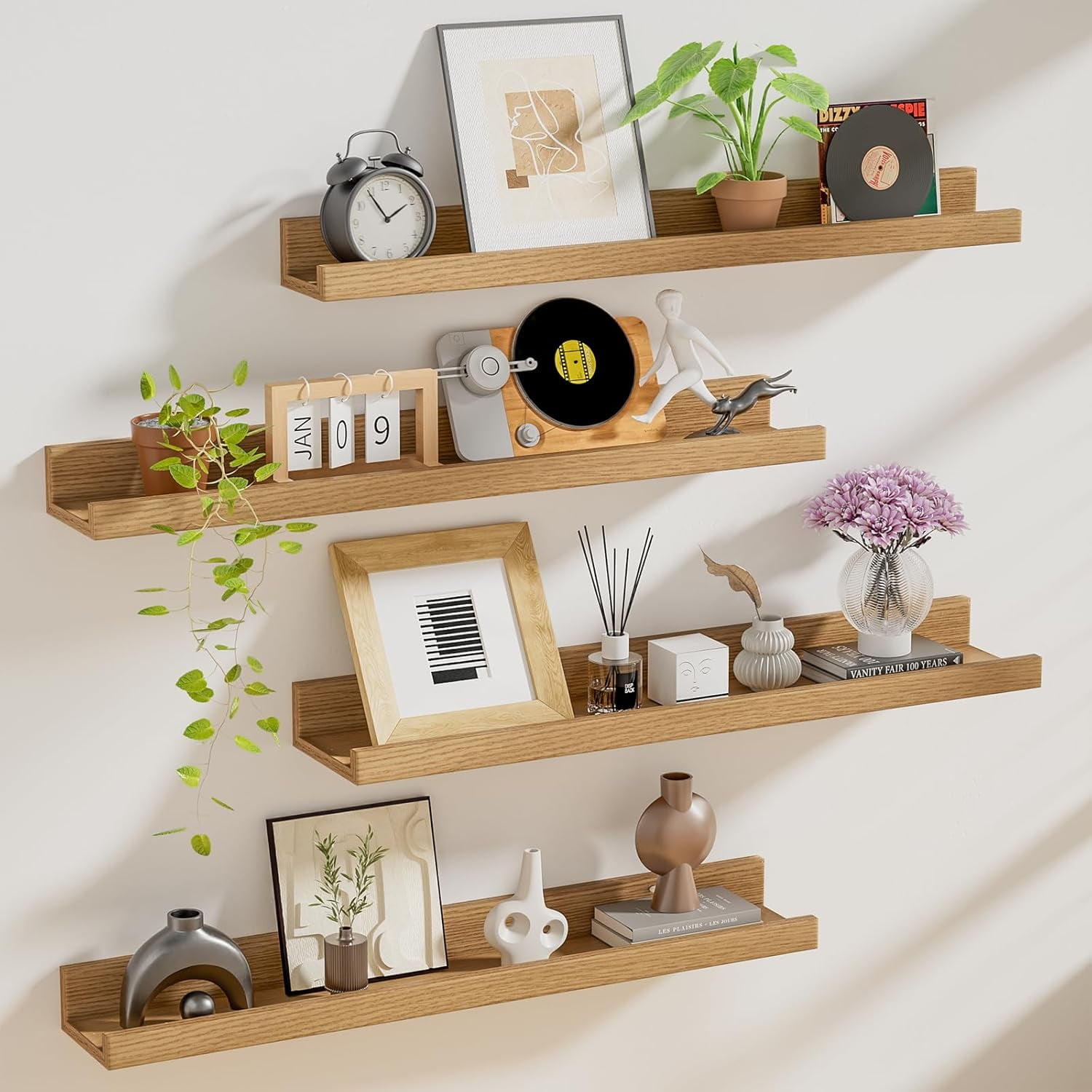 Floating Shelves for Wall Set 4 of 24 inches Picture Ledge Shelf 96 inches Totally,Solid Wood Oak Shelves for Room Wall to Display and Storage Photo Picture,Vinyl,Toy,Spice,Perfume,Book etc.