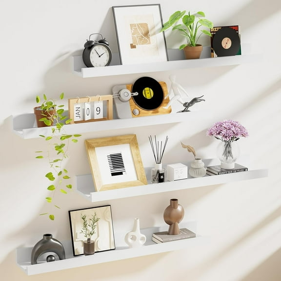 Floating Shelves for Wall Set 4 of 24 inches Picture Ledge Shelf 96 inches Totally,Solid Wood White Shelves for Room Wall to Display and Storage Photo Picture,Vinyl,Toy,Spice,Perfume,Book etc.