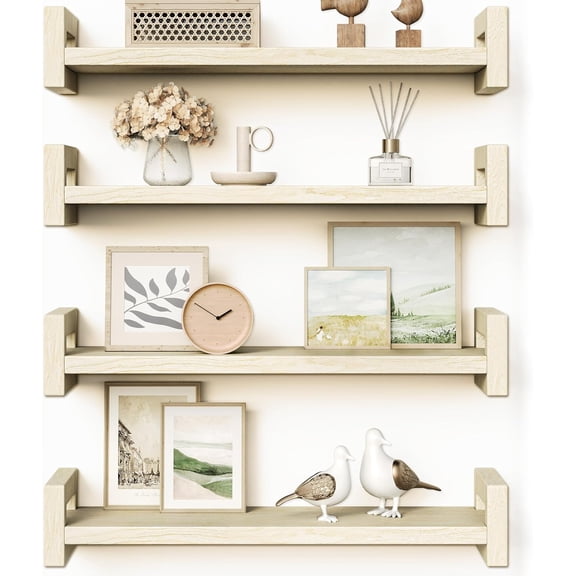 Floating Shelves for Wall, Set of 4 Solid Wood Wall Mounted Shelves, 16" Rustic Poplar Display Shelf for Bedroom, Living Room, Bathroom, and Kitchen Decor - Heavy-Duty & Natural Pine
