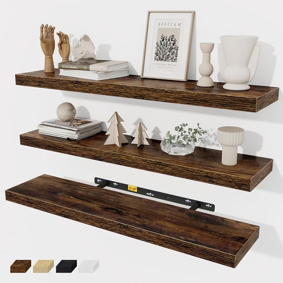 Floating Shelves Wall Shelf 30 Inch Long, Rustic Wood Bathroom Shelves 30 Inch, Farmhouse Home Decor Kitchen Living Room Bedroom Shelves Wall Mounted, 30 x 6.7 x 1.4 Inch, Set of 3, Rustic Brown