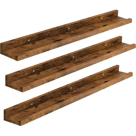 Floating Shelves, Wall Shelf Set of 3, 35.4 Inches Hanging Shelf with Raised Edge and Invisible Brackets, for Bathroom, Bedroom, Kitchen, Office, Living Room Decor, Rustic Brown