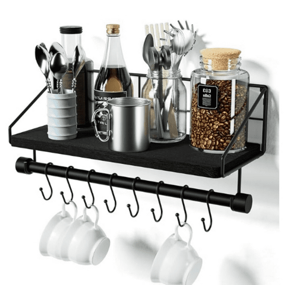 Floating Shelves Wall Shelves for Bedroom, Bathroom Shelves Wall Mounted with Towel Bar, Kitchen Rustic Wood Shelf with Hooks for Hanging Cooking Utensils or Mugs