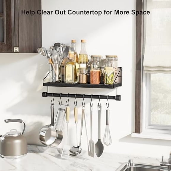 Floating Shelves Wall Shelves for Bedroom, Bathroom Shelves Wall Mounted with Towel Bar, Kitchen Rustic Wood Shelf with Hooks for Hanging Cooking Utensils or Mugs