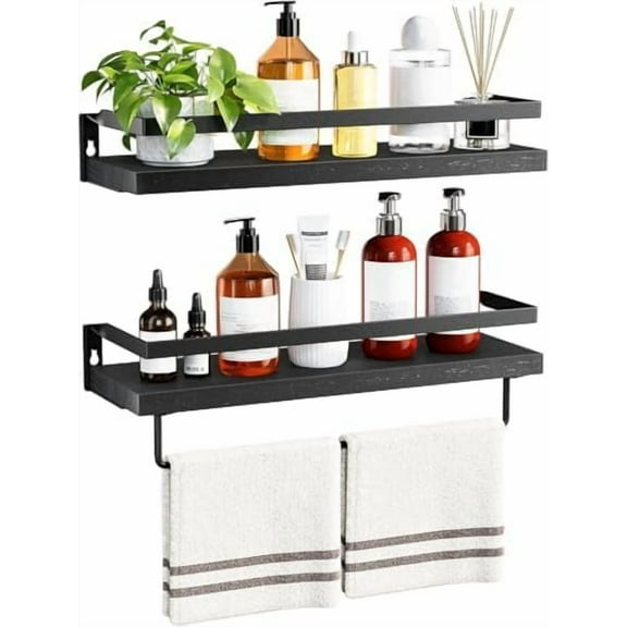 Floating Shelves, Wall Shelves for Bathroom, Kitchen, Bedroom, Bathroom Shelf with Towel Bar, Decor Shelves Set of 2, Black - AMFS01B