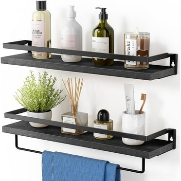 Floating Shelves, Wall Shelves for Bathroom, Kitchen, Bedroom, Bathroom Shelf with Towel Bar, Decor Shelves Set of 2, Black - AMFS01B