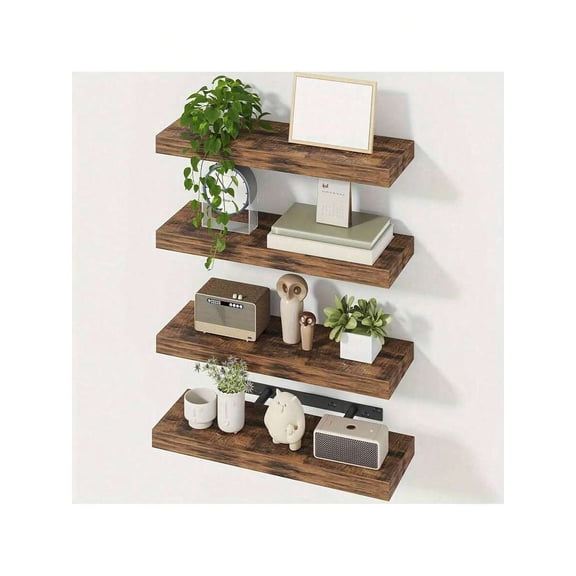 Floating Shelves for Wall Storage, 4-Pack Rustic Brown Wall Mounted Shelves with Hidden Brackets, 15.8 Inch Heavy-Duty Wood Shelves for Living Room, Bedroom, and Small Spaces