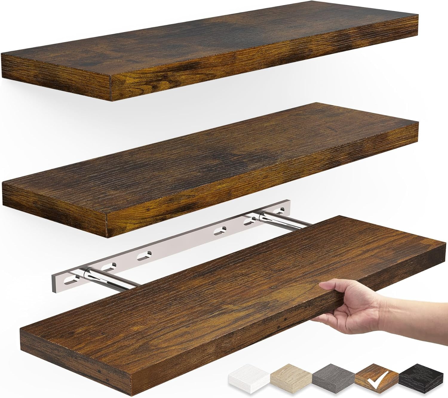 Rustic Brown 16-Inch Floating Wood Shelves Set of 3