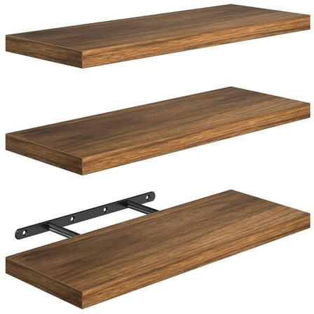 Cshidworld Floating Shelves for Wall, 16" Bathroom Shelf Rustic Wood with Metal Brackets, Floating Shelf for Bathroom, Living Room, Bedroom and Kitchen, Farmhouse Decor Set of 3, Rustic Brown