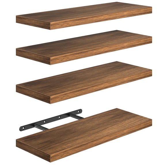 Cshidworld Floating Shelves for Wall, 16" Bathroom Shelf Rustic Wood with Metal Brackets, Floating Shelf for Bathroom, Living Room, Bedroom and Kitchen, Farmhouse Decor Set of 4, Rustic Brown