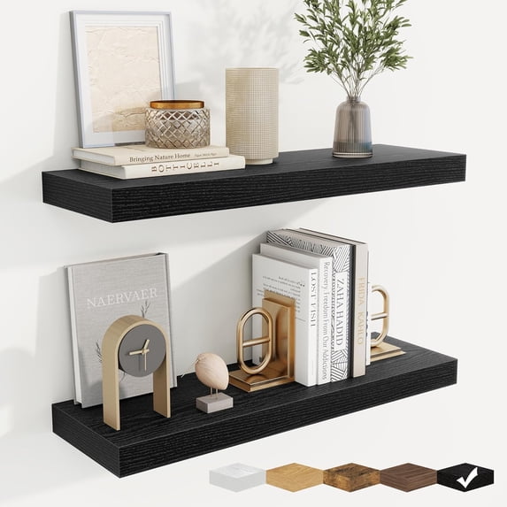 Floating Shelves for Wall, Wall Mounted Wood Floating Shelf with Invisible Brackets for Living Room, Bathroom, Bedroom, Kitchen Storage and Decor, 24 Inch Set of 2, Black