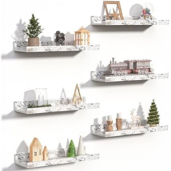 Floating Shelves for Wall, Wall Shelves for Decor Storage Set of 6, Wall Mounted Wood Shelf for Bedroom, Living Room, Bathroom, Kitchen, Picture Ledge Shelf, Rustic White
