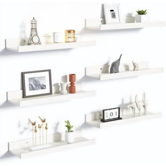 Floating Shelves for Wall, Wall Shelves for Decor Storage Set of 6, Wall Mounted Wood Shelf for Bedroom, Living Room, Bathroom, Kitchen, Picture Ledge Shelf, White