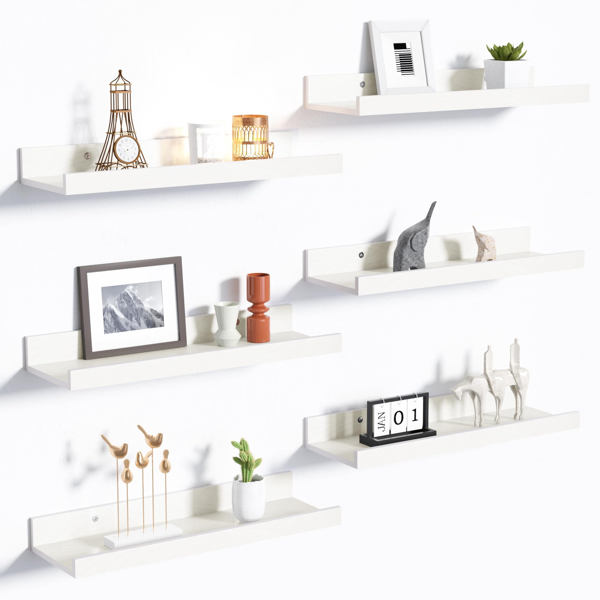Floating Shelves for Wall, Wall Shelves for Decor Storage Set of 6, Wall Mounted Wood Shelf for Bedroom, Living Room, Bathroom, Kitchen, Picture Ledge Shelf