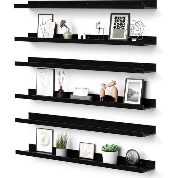 Floating Shelves for Wall, Wall Shelves for Decor Storage Set of 6, Wall Mounted Wood Shelves for Bedroom, Living Room, Bathroom, Kitchen, 35.5 inch Long Picture Ledge Shelves, Black
