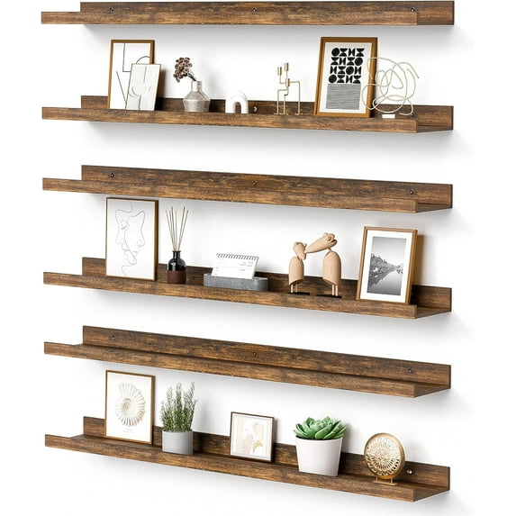 Floating Shelves for Wall, Wall Shelves for Decor Storage Set of 6, Wall Mounted Wood Shelves for Bedroom, Living Room, Bathroom, Kitchen, 35.5 inch Long Picture Ledge Shelves, Brown