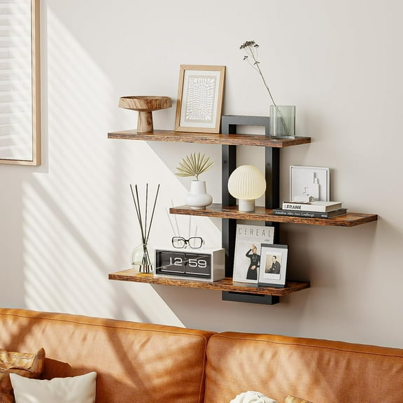 Floating Shelves for Wall, Wood Wall Shelves for Bathroom, 3 Tier Shelves for Wall Decor, Decorative Hanging Storage Shelf for Bedroom Kitchen Living Room, Rustic Brown and Black