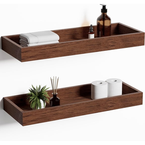 Floating Shelves for Wall, Wooden Wall Shelves for Bedroom Living Room Kitchen, Modern and Rustic Bathroom Shelves with Raised Lip, Decor Floating Shelf for Storage (Walnut-Like,2 Set,15.7 in)