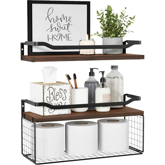 Floating Shelves with Wire Storage Basket, Bathroom Shelves Over Toilet with Protective Metal Guardrail, Wood Wall Shelves for Bathroom, Bedroom, Living Room, Toilet Paper- Dark Brown