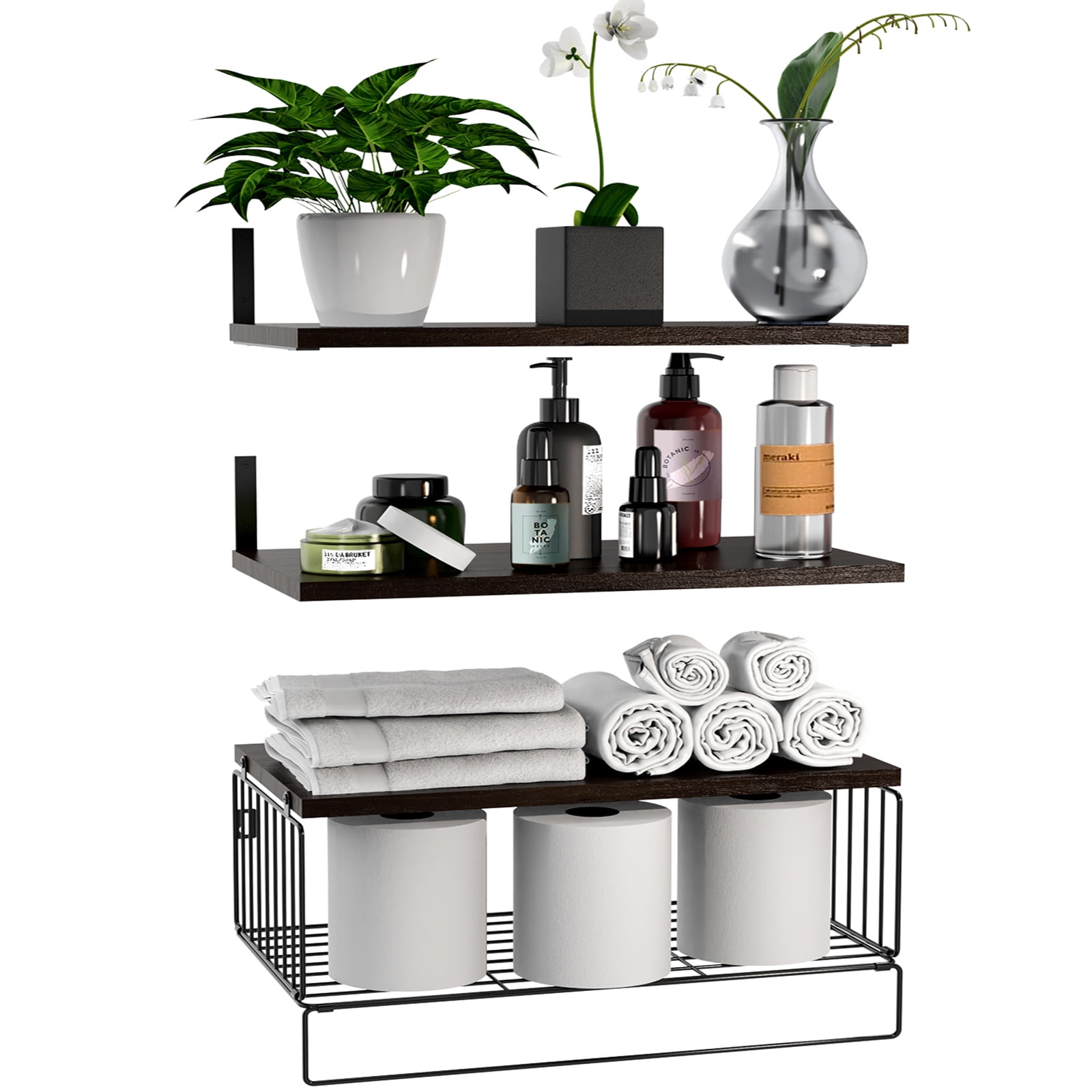 Rustic Brown Pine Wood Floating Shelves with Wire Basket