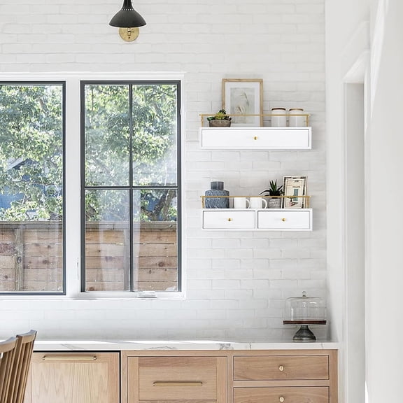 Floating Shelves With Drawers Set of 2 - Wall Mounted Storage for Bathroom, Living Room, Kitchen - Rustic Wood Wall Decor for Plants, Books
