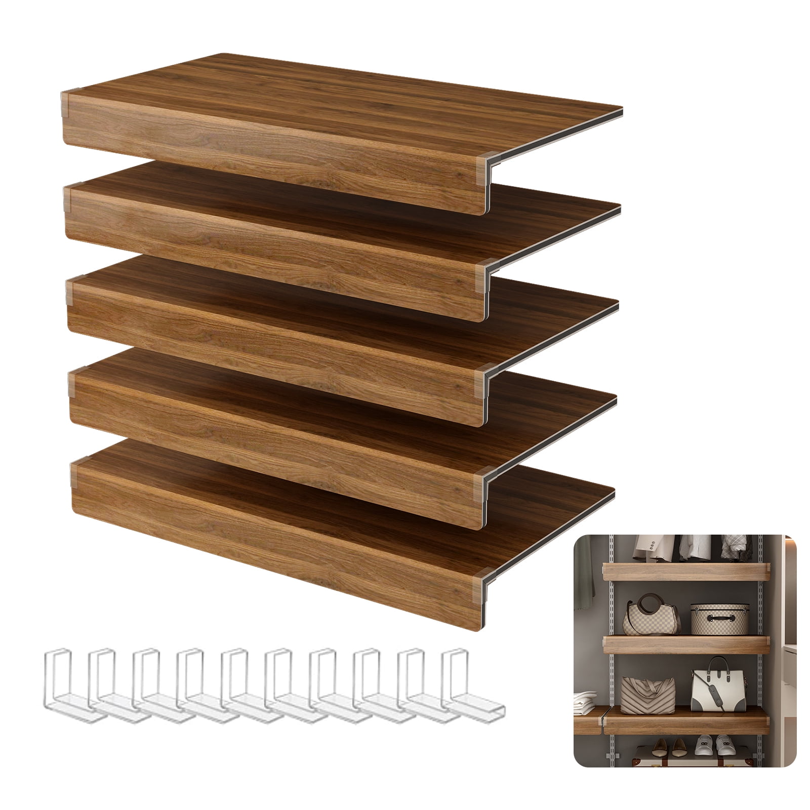 Floating Shelves,Wood Shelf Wall Mounted Set of 5,Wire Shelf Covers,Pantry Shelves for Cabinet Bathroom Kitchen Shelving Decoration,Walnut