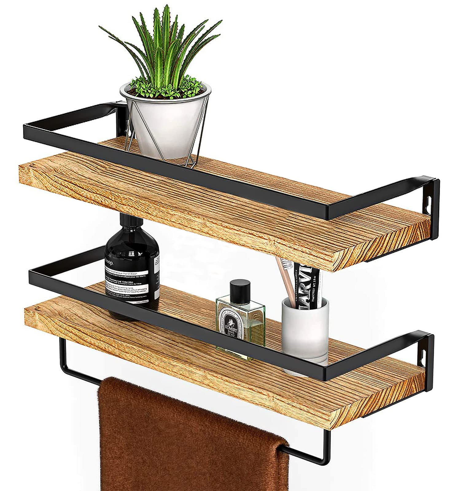 Floating Shelves Wood Storage Shelves with Removable Towel Holder Floating Shelf Wall Mounted for Bathroom Organizer Kitchen Spice Rack and Bedroom Decoration Set of 2 Light Brown Walmart