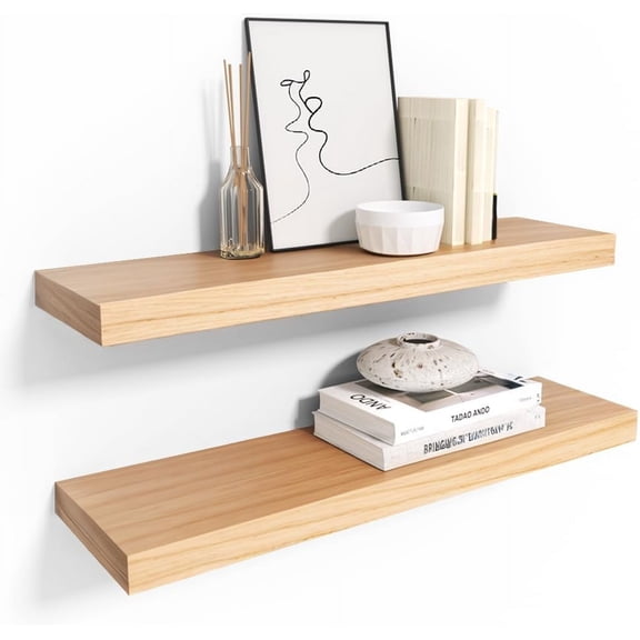 Floating Shelves, Wooden Wall Shelf for Rustic Decor, Hanging Display Shelving for Bedroom Bathroom Kitchen Living Room, Natural Wood, Invisible Bracket, 23.6"×6.7"×1.6", 2-Pack