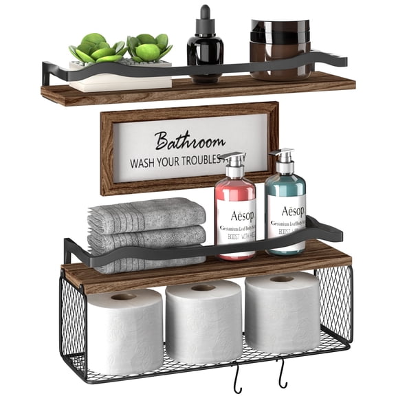 Floating Shelves for Bathroom Wall Decor Sign, Bathroom Organizers and Storage, Bathroom Shelves Over Toilet with Metal Guardrail-Rustic Brown