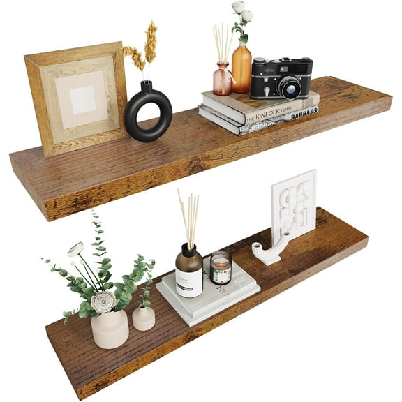 Floating Shelves for Bedroom, Bathroom & Living Room - 36 Inch Wall Mounted, Set of 2-1.3" Thick Brown Wood Floating Book Shelves