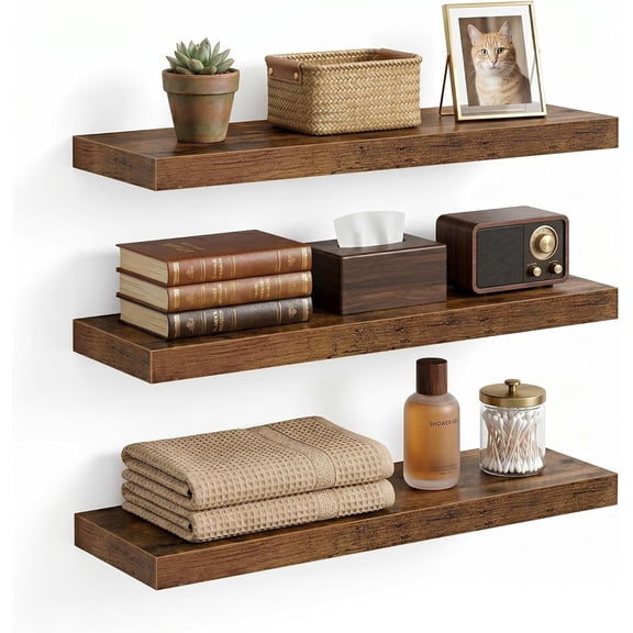 Floating Shelves for Wall, 16 inch Set of 3 Bathroom Shelf Bedroom Kitchen Living Room  Book Shelves Small  Decor, Rustic Brown