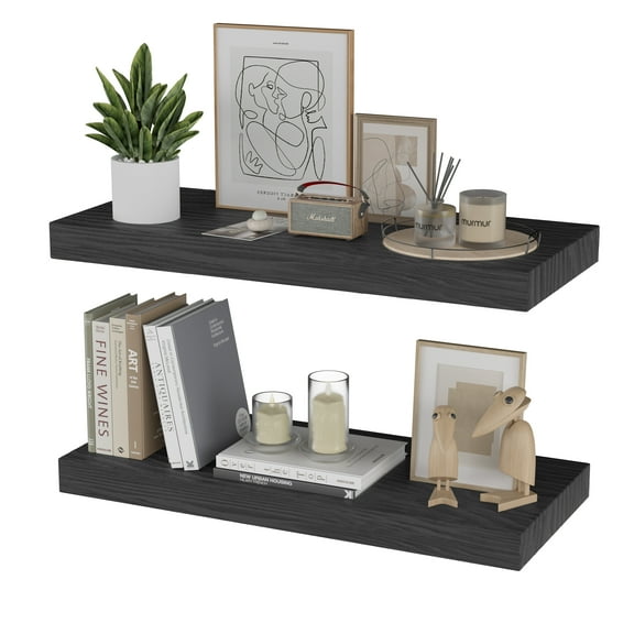 Floating Shelves for Wall Black 17 inch Natural Wood Shelves for Home Decor, Set of 2