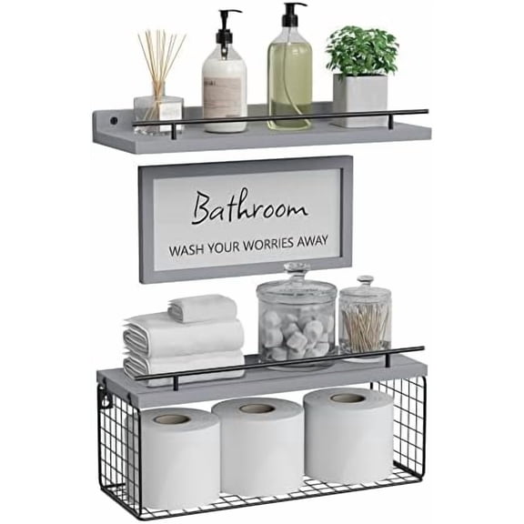 Floating Shelves for Wall Decor Sign, Bathroom Organizers and Storage, Bathroom Shelves Over Toilet with Metal Guardrail-Modern Grey