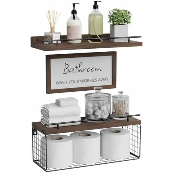 Floating Shelves for Wall Decor Sign, Bathroom Organizers and Storage, Bathroom Shelves Over Toilet with Metal Guardrail-Rustic Brown