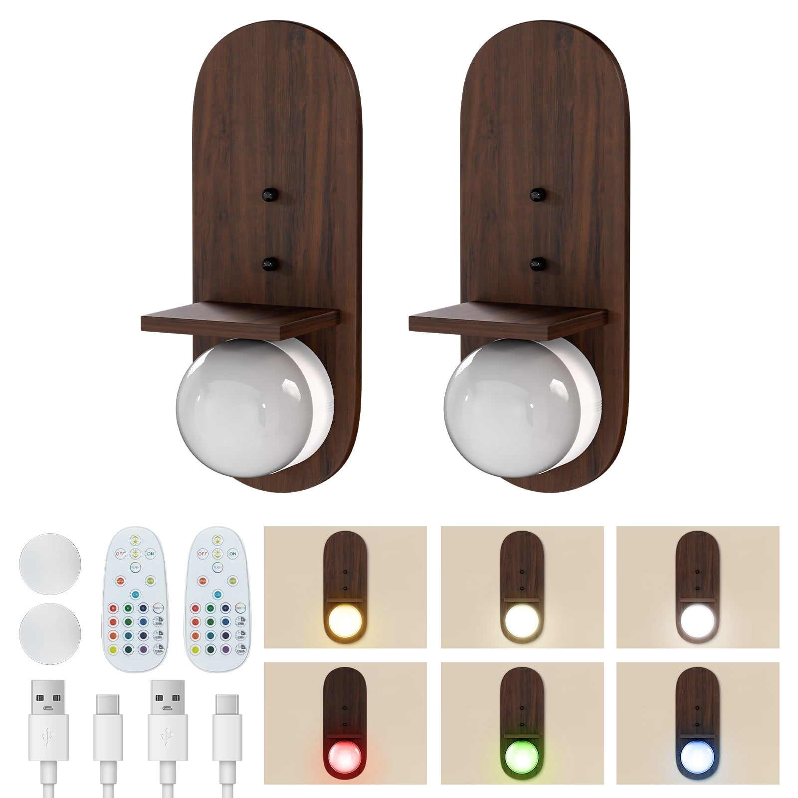 Floating Shelves for Wall Decor with Rechargable LED Bulb, Remote Control  2 PCS Wood Wall Sconce Battery Operated for Wall Decor,Walnut
