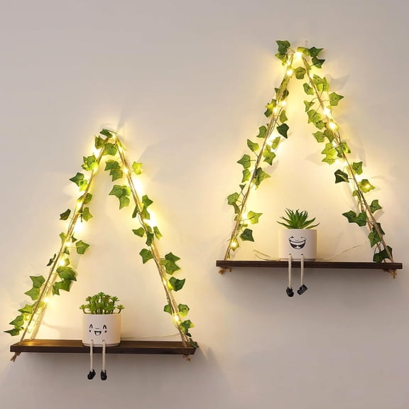 Floating Shelves for Wall, Hanging Shelves with Artificial Ivy LED String Light 16 Inches, Brown Board Ivy