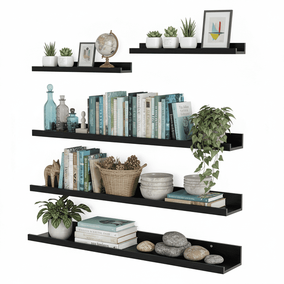 Floating Shelves for Wall Set of 5,Large Wall Shelves for Bathroom, Bedroom, Kitchen, Living Room Storage and Decoration, Black Picture Ledge