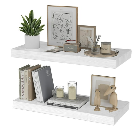 Floating Shelves for Wall White 17 inch Natural Wood Shelves for Home Decor, Set of 2