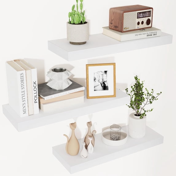 Floating Shelves for Wall - White Wood Wall Shelves Set of 3 - Modern Style Wooden Shelves for Room Decor & Storage